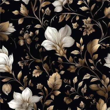 Imagem de Papel de parede vintage preto escuro branco flor de magnólia dourada papel de contato adesivo de vinil em papel de parede para quarto, banheiro, armário de cozinha adequado para locatários
