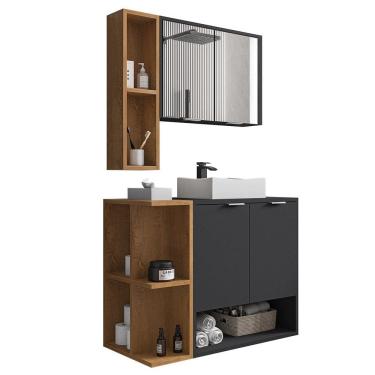 Imagem de Gabinete de Banheiro com Cuba e Espelheira Lizzi B02 Preto Fosco/Naturalle - Mpozenato