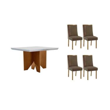 Imagem de Conjunto Sala de Jantar Nevada c/ Tampo Madeirado c/ Vidro Canto Curvo 90x90cm e 4 Cadeiras Tilia Madeira Maciça Naturale/Off White - Capuccino/Suede 