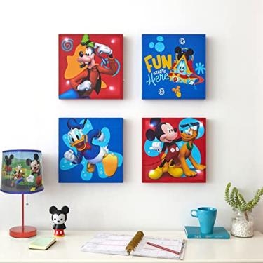 Imagem de Idea Nuova Disney Mickey Mouse conjunto de arte de parede LED em tela 4 unidades, decoração para pendurar na parede infantil, cada peça 28 x 28 cm