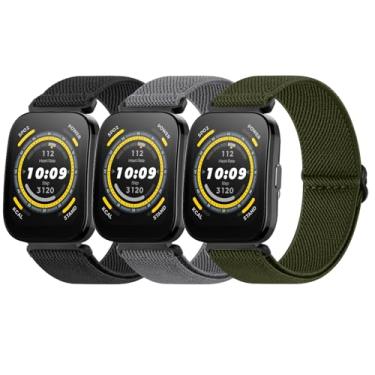 Imagem de Pacote com 3 pulseiras elásticas para relógio inteligente Amazfit Bip 6/Bip 5, pulseira esportiva de nylon ajustável de 22 mm, compatível com Amazfit Bip 6/Bip 5/GTR 4, mulheres e homens (preto +