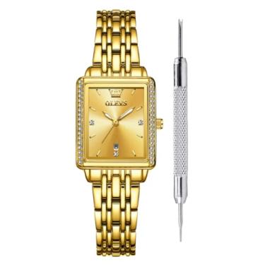Imagem de OLEVS Relógio feminino moderno e luxuoso com mostrador quadrado – pulseira de malha de aço inoxidável dourado retrô, quartzo analógico, à prova d'água, elegante, fino, relógio social, amor próprio