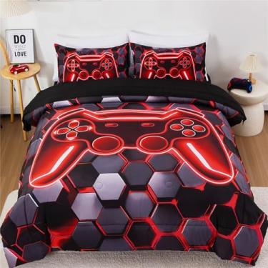 Imagem de NTBED Conjunto de edredom 3D para meninos, crianças, adolescentes, 5 peças, jogo de cama com lençol, console de jogos (vermelho, solteiro)