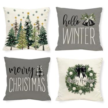 Imagem de Tikeciti Capas de almofada cinza árvore de Natal guirlanda de Natal 50 x 50 cm, Hello Winter Snowflake sazonal férias decorativas fazenda capa de almofada para sofá conjunto de 4