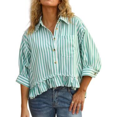 Imagem de Blusa feminina CHYRII, de verão, com babados, com botões, listrada, ve