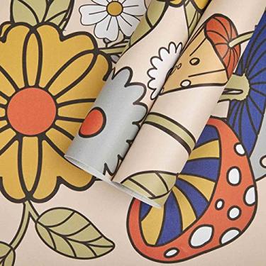 Imagem de Abyssaly Papel de parede de cogumelo Peel and Stick Boho, papel de contato removível floral florestal colorido, papel de parede autoadesivo de vinil, cor clara para quarto, banheiro, decoração de casa