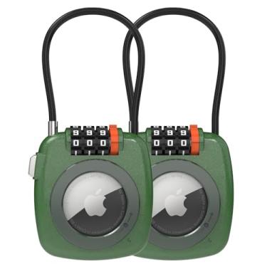 Imagem de TUXON Compatível com Apple AirTag Secure Lock com cabo de arame, fechaduras de bagagem de combinação de 3 dígitos, corpo de liga ultradurável, capa protetora antiperda para bagagem, mala (verde x 2)