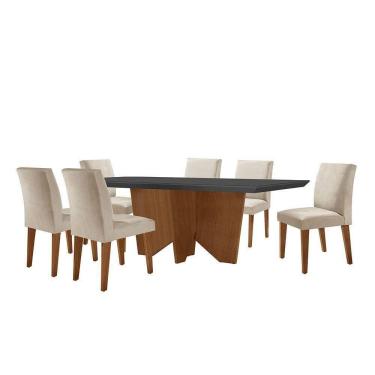 Imagem de Sala De Jantar Mesa Evora Canto Reto Com 6 Cadeiras Grecia Rufato Veludo Creme Grafite E Imbuia