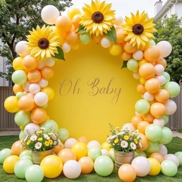 Imagem de FIXORO Capa de fundo redonda amarela de 2,5 m para suporte de arco circular de 1,5 a 2,2 m com placa de decalque Oh Baby - Capa de arco de elastano grossa para chá de bebê, arco de casamento, festa de