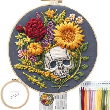 Imagem de FONNUY Kit de bordado floral para iniciantes, kits de padrão pré-estampado de flores coloridas para adultos com argola, bordado de linha, argola de 20 cm (caveira)