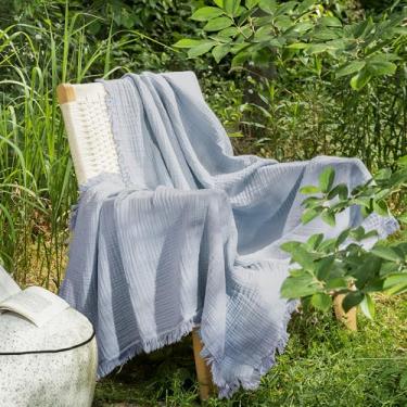 Imagem de MooMee Cobertor de musselina – Cobertor de gaze de 4 camadas 100% algodão com franja em toda a volta, ultramacio, respirável, leve, refrescante para sofá (azul escuro, solteiro GG 167,6 cm x 228,6 cm)