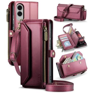 Imagem de YYTVN Capa carteira para Samsung Galaxy S25 Edge com zíper para cartão e alça transversal e alça de pulso, capa flip magnética de couro PU com bloqueio de RFID para Galaxy S25 Edge - vermelha