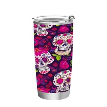Imagem de Wassud Copo de caveira de açúcar com tampa e canudo aço inoxidável parede dupla copo isolado copo de viagem caneca de café para bebidas frias e quentes 590 ml