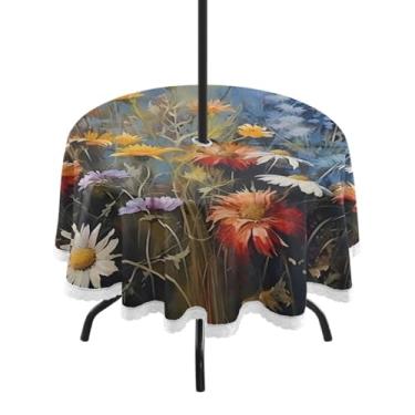 Imagem de CEBUGI Toalha de mesa redonda para uso ao ar livre, flores silvestres, impermeável, com furo Umberlla, capa de mesa lavável para pátio, cozinha, sala de jantar, 152 cm