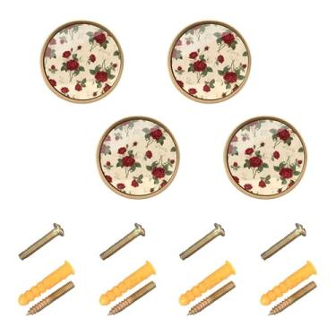 Imagem de Burbuja Maçanetas de armário de cozinha Red Roses, pacote com 4, puxadores redondos de 3,5 cm, puxadores de cômoda com parafusos para armários de cozinha, quarto, armário