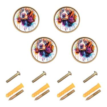 Imagem de Burbuja Puxadores de armário de cozinha com retrato de cachorro, pacote com 4, puxadores redondos de 3,5 cm, puxadores de cômoda com parafusos para armários de cozinha, quarto, armário