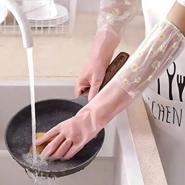 Imagem de 1 Par de Luvas para Lavagem Pratos com Forro Veludo Protector Espesso Mangas Longas Flexíveis Limpeza e Trabalhos Domésticos