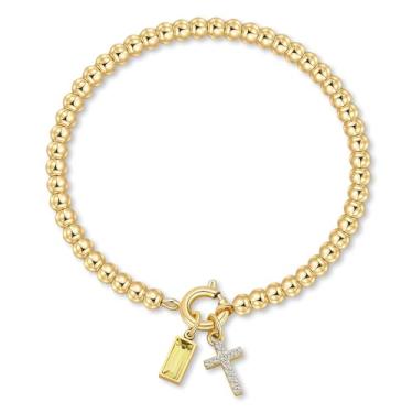 Imagem de Korotho Pulseira de pedra de nascimento cruzada para mulheres – Pulseiras elásticas delicadas banhadas a ouro 14 K, modernas, à prova d'água, não mancham, joias de aniversário, Natal, meias para mães