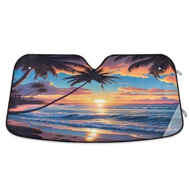 Imagem de CEBUGI Para-brisa para-sol para janela dianteira do carro, para-sol, viseira dobrável para caminhão, SUV, mantenha seu veículo fresco, pôr do sol, praia, cena