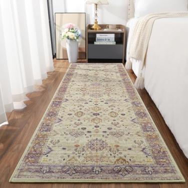 Imagem de Przemy Tapete de corredor para quarto, tapetes laváveis e antiderrapantes de 6 m, tapete floral pequeno para entrada, corredor, cabeceira, sala de estar, roxo e bege