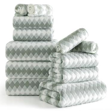 Imagem de Conjunto de 12 toalhas de diamante branco verde - 4 toalhas de banho, 4 toalhas de mão, 4 toalhas de poliéster macio com laço absorvente toalha de banho toalha de praia de secagem rápida toalhas de