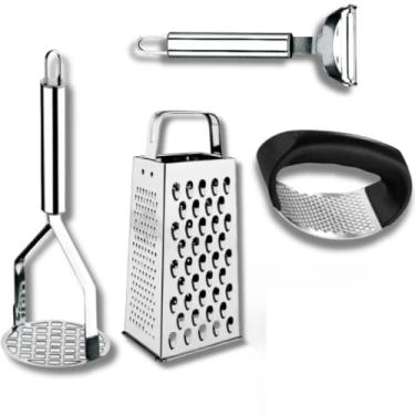 Imagem de Kit 5 Peças Inox Cozinha | Amassador Batata e Alho, Descascador, Espremedor Limão e Ralador 4 Faces(KIT 4 PEÇAS ALHO)