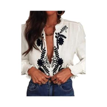 Imagem de Blusa Feminina Casual De Manga Longa Com Decote Em V E Bordado Floral,