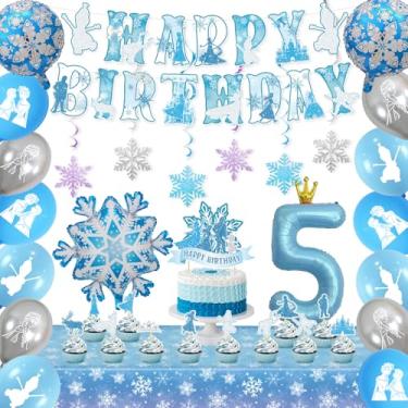 Imagem de Frozen 5th Birthday Party Decorations Kit - blue Silver Winter Wonderland Birthday Decorations Crown Number 5 Balloon Banner Snowflake Cake Topper Tablecloth for Boy Girls baby shower decor