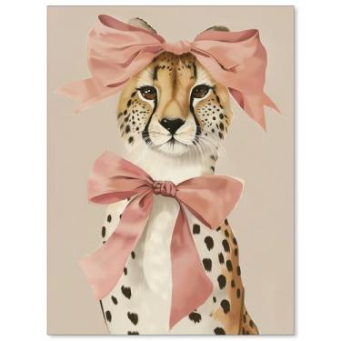 Imagem de FoxUncle Pôster de laço rosa com chita fofo coquete animal arte de parede moderna feminina preppy impressão em tela para quarto de berçário quarto decoração de parede 30,5 x 40,6 cm sem moldura