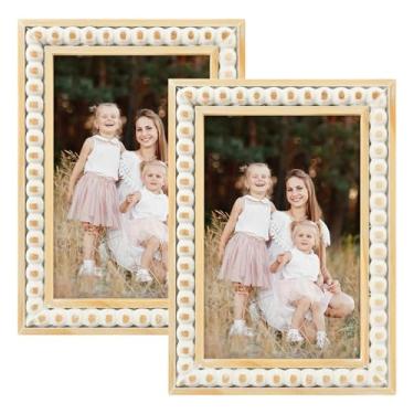 Imagem de Golden State Art Porta-retrato de 10 x 15 cm – Porta-retrato com contas Boho – Madeira maciça branca envelhecida com vidro – Decoração de parede e mesa, pacote com 2
