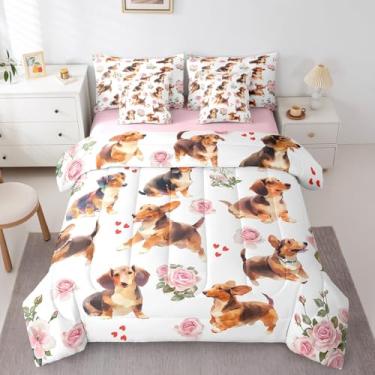 Imagem de Erosebridal Conjunto de edredom completo para crianças, 7 peças, cama de casal em uma bolsa com conjunto de cama romântica reversível, edredom de cachorro, lençóis, fronhas e fronhas