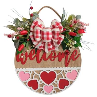 Imagem de Bibelot Placa de boas-vindas do Dia dos Namorados de 40,6 cm para decoração de varanda, placa de madeira romântica com laço de folhas de flores para decoração de festa de aniversário de casamento em