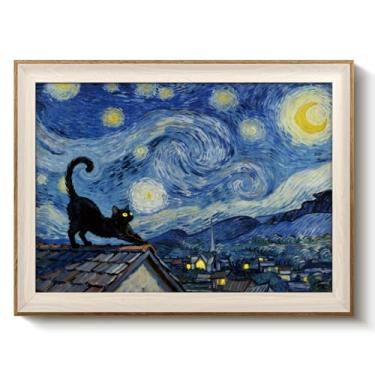 Imagem de VIYYIEA Arte de parede emoldurada vintage para sala de estar, impressões em tela de gato preto com observação de estrelas, pintura a óleo, imagem de Van Gogh, presentes de decoração de parede de