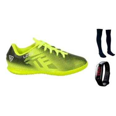 Imagem de Chuteira Futsal Quadra UZ Costurada + Meião Futebol + Relógio Digital 