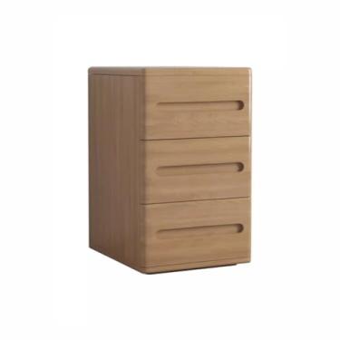 Imagem de Mesa de cabeceira moderna simples de madeira maciça com três gavetas, cor de madeira original, armário de armazenamento luxuoso, mesa pequena