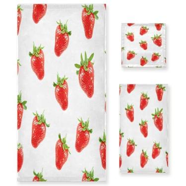 Imagem de xigua Conjunto de toalhas de banheiro de morangos vermelhos absorvente macio 3 peças toalha de banho toalha de mão toalhas decorativas para banheiro, academia, hotel, praia, piscina