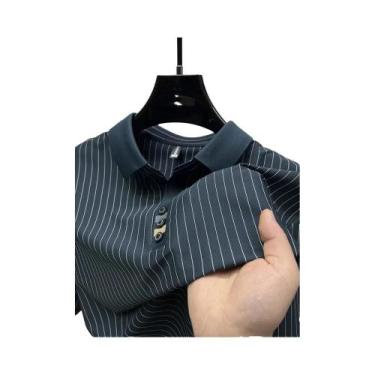 Imagem de Camisa Polo Masculina De Verão Com Listras Jacquard, Leve, Em Seda Gel