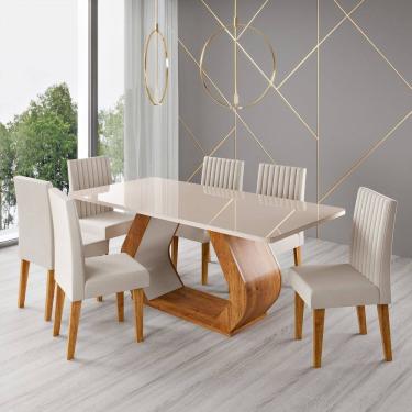 Imagem de Conjunto Sala de Jantar 6 Lugares Retangular Tampo de Vidro Mdf Tactel Mel/Off White/Bege