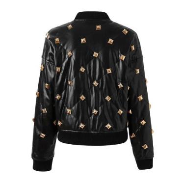 Imagem de Jaqueta Feminina De Couro PU Preta Estilo Motociclista Com Rebites Pes