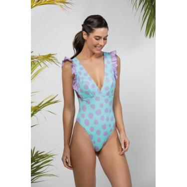Imagem de Maiô Feminino com Babados Estampado - Cor De Cacau, P, Poás roxinho