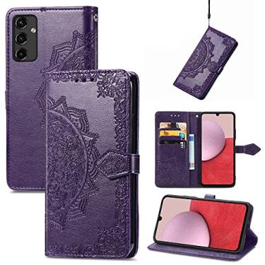 Imagem de Capas de telefone Relief Mandala para Samsung Galaxy A14 5G Capa de couro luxo com slots magnéticos para cartão clipe de carteira à prova de choque capa para telefone Samsung A14 5G capas (roxo, Samsung A14 5G)