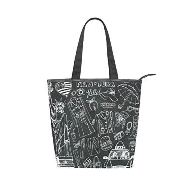 Imagem de Bolsa feminina de lona durável New York Fashion Doodle City Símbolos de pontos negros grande capacidade sacola de compras bolsa de ombro