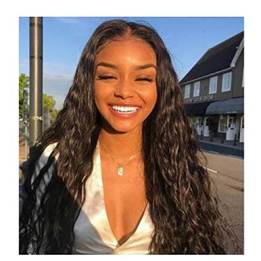 Imagem de RULNX cabelo de peruca de água de seda de alta temperatura cabelo de bebê sem cola HD lace rola frente rola pré-flocked hair line Brazilian girl wig black women 180% density wet wave (negro)