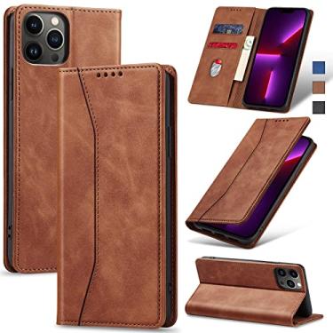 Imagem de Jasonyu Flip Carteira Capa para iPhone 13 Pro Max,Capinha Folio Magnética de Couro com Suporte para Cartão,Suporte para Chute - Protetora Durável de TPU à Prova de Choque para Telefone,Marrom