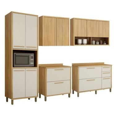 Imagem de Conjunto Cozinha Completo com Armário Paneleiro 4 Portas com Nicho 2 Armários Aéreo e 2 Balcões Cinamomo/Off White