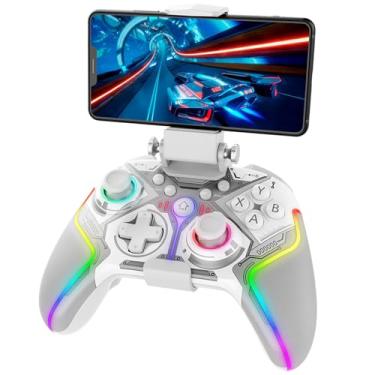 Imagem de Controlador de jogo sem fio para Nintendo Switch/PC/Android/iOS/PS4/PS3 com luz RGB, vibração de motor duplo, função Turbo, teclas programáveis, gatilho ajustável, com suporte para telefone (Branco)