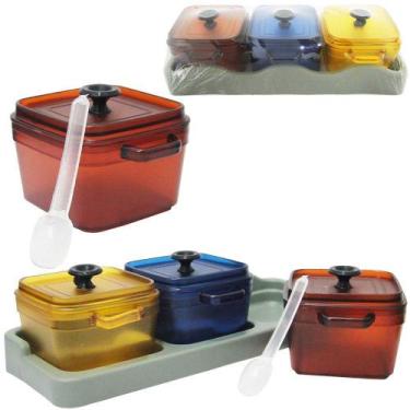 Imagem de Porta condimento de acrilico 3 pecas 350ml com colher + tampa + alca e