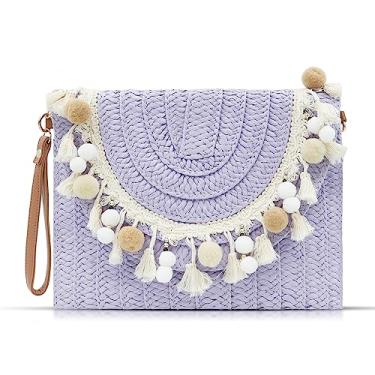 Imagem de Bolsa de praia boêmia, bolsas transversais para mulheres, borlas e salões de cabelo, bolsas clutch de palha, bolsa de tecido artesanal, bolsas de borla para férias, viagens, combinação diária (roxa),