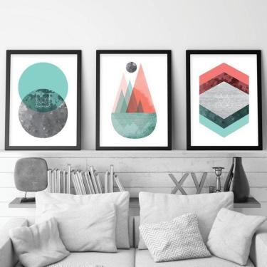 Imagem de Kit 3 Quadros Decorativos Com Molduras Geometrico Colorido