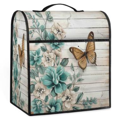 Imagem de YPPAHHHH Capa para batedeira, flor, azul-petróleo, borboleta, vintage, marrom, madeira, auxílio de cozinha, suporte para batedeira, capa à prova d'água, para máquina de café, capa de poeira, com bolso